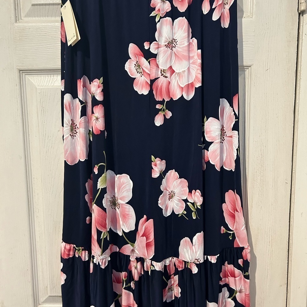NWOT “Emi & Joe” Navy Hi Lo Ruffled Hem Knit Pink Floral Design Skirt - Picture 2 of 6